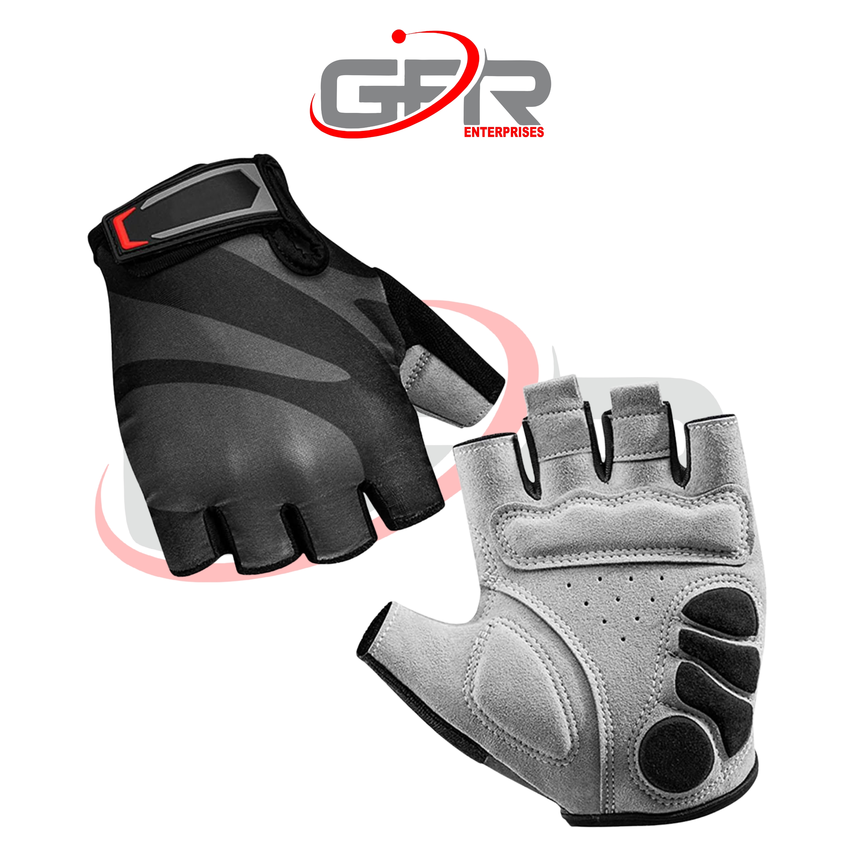 Custom half-finger cycling gloves manufactured by GFR Enterprises in Sialkot, Pakistan.