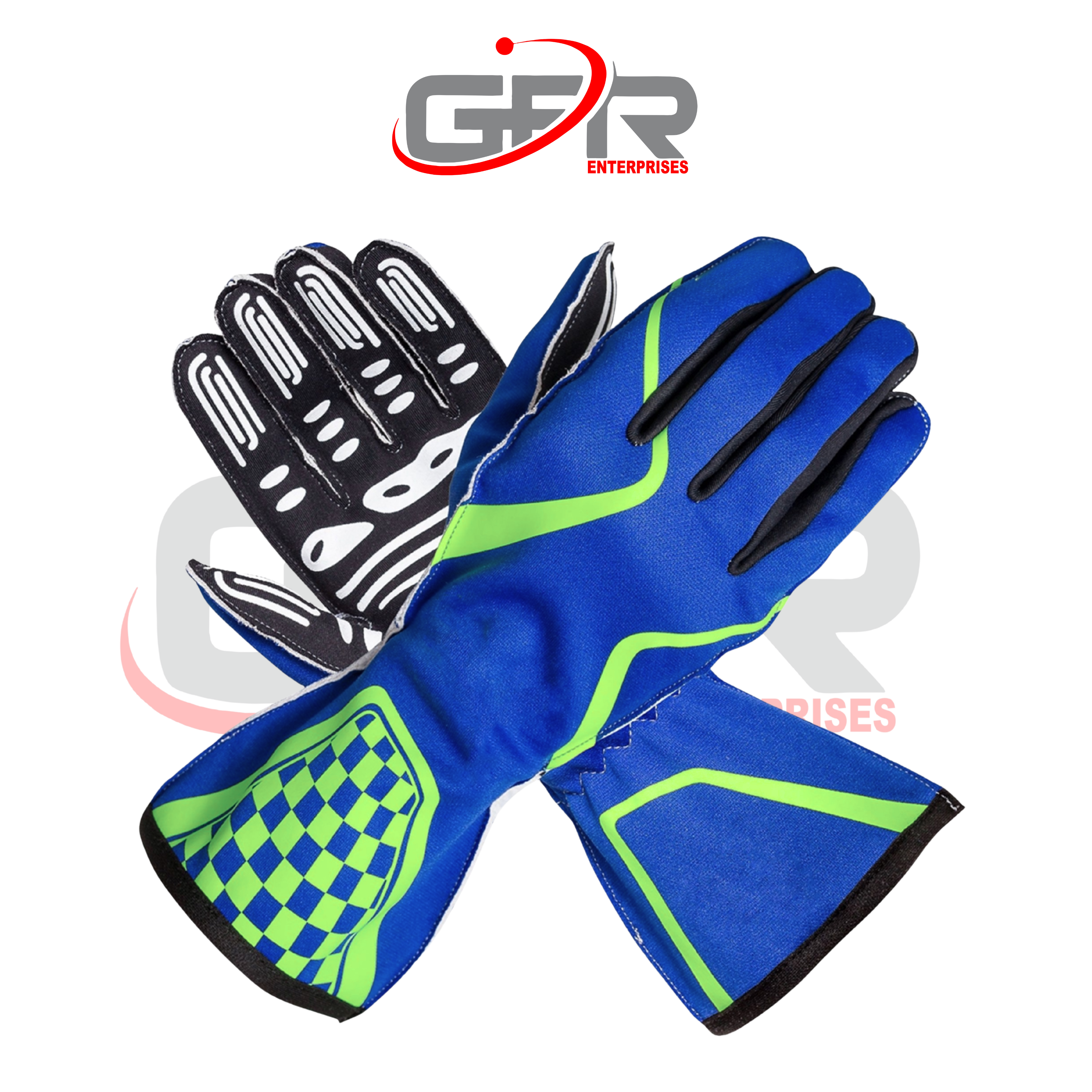 Custom karting gloves with printed graphics and team branding.