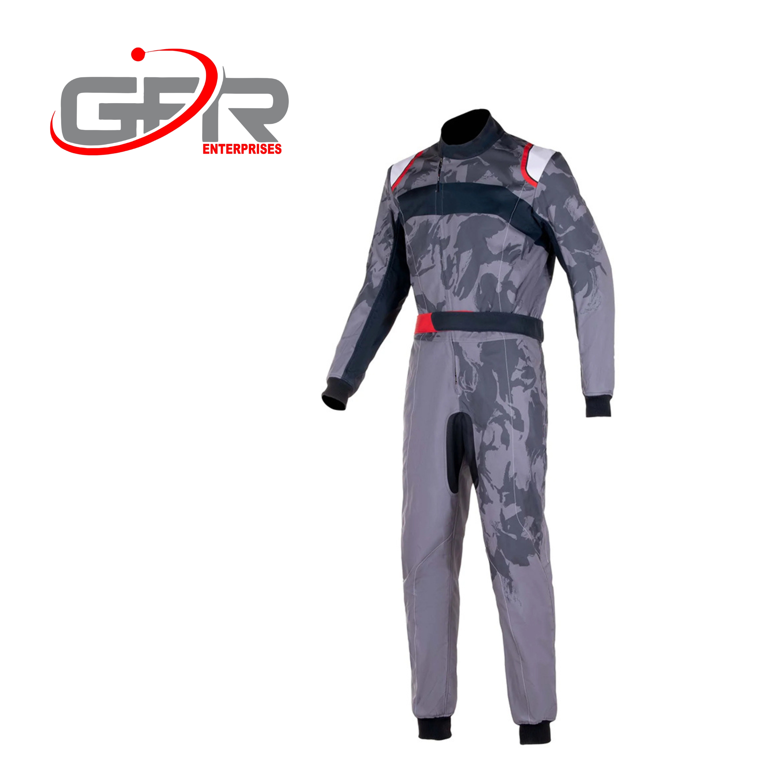 Custom karting suit front view with full sublimated design