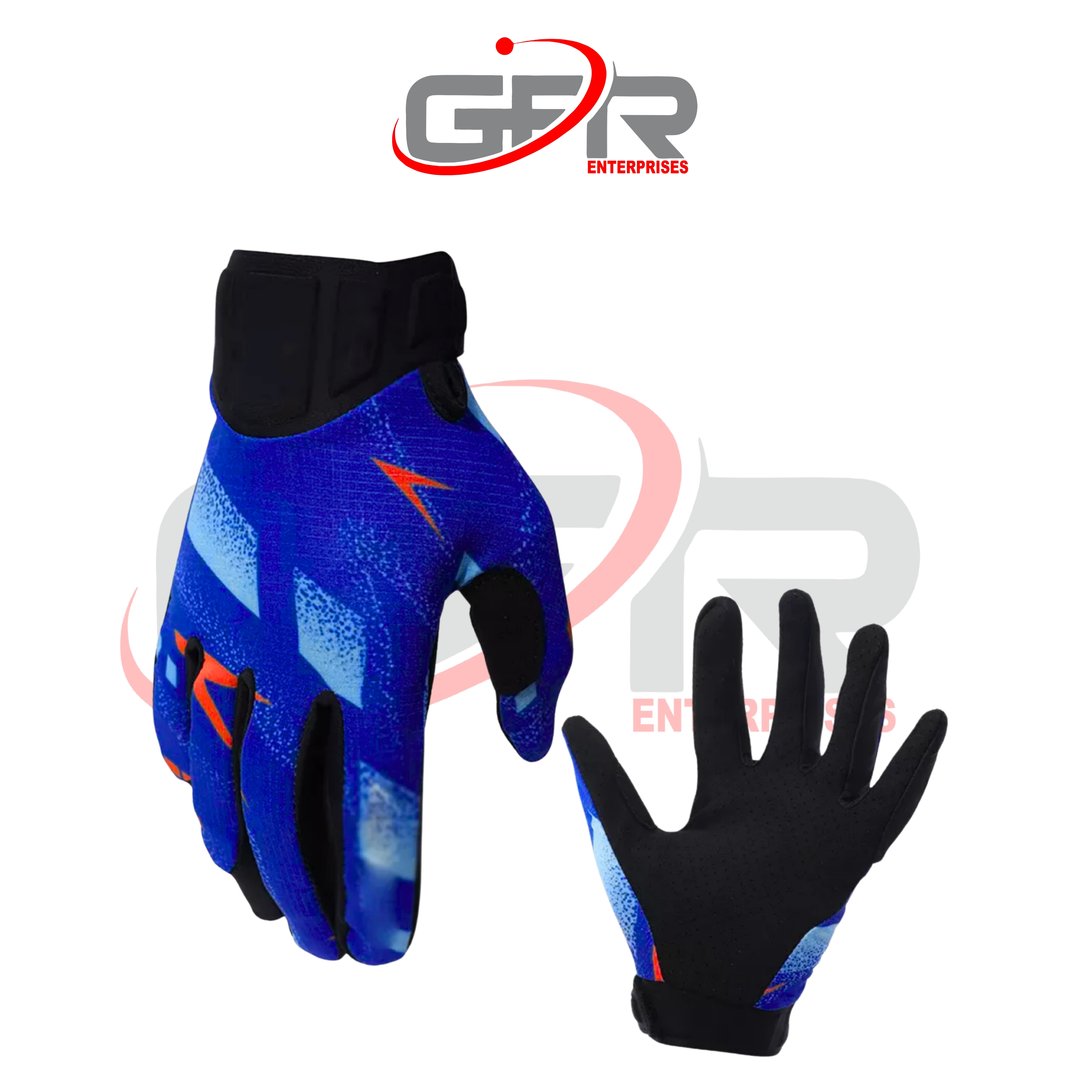 Custom dirt bike gloves featuring reinforced thumb and palm panels.