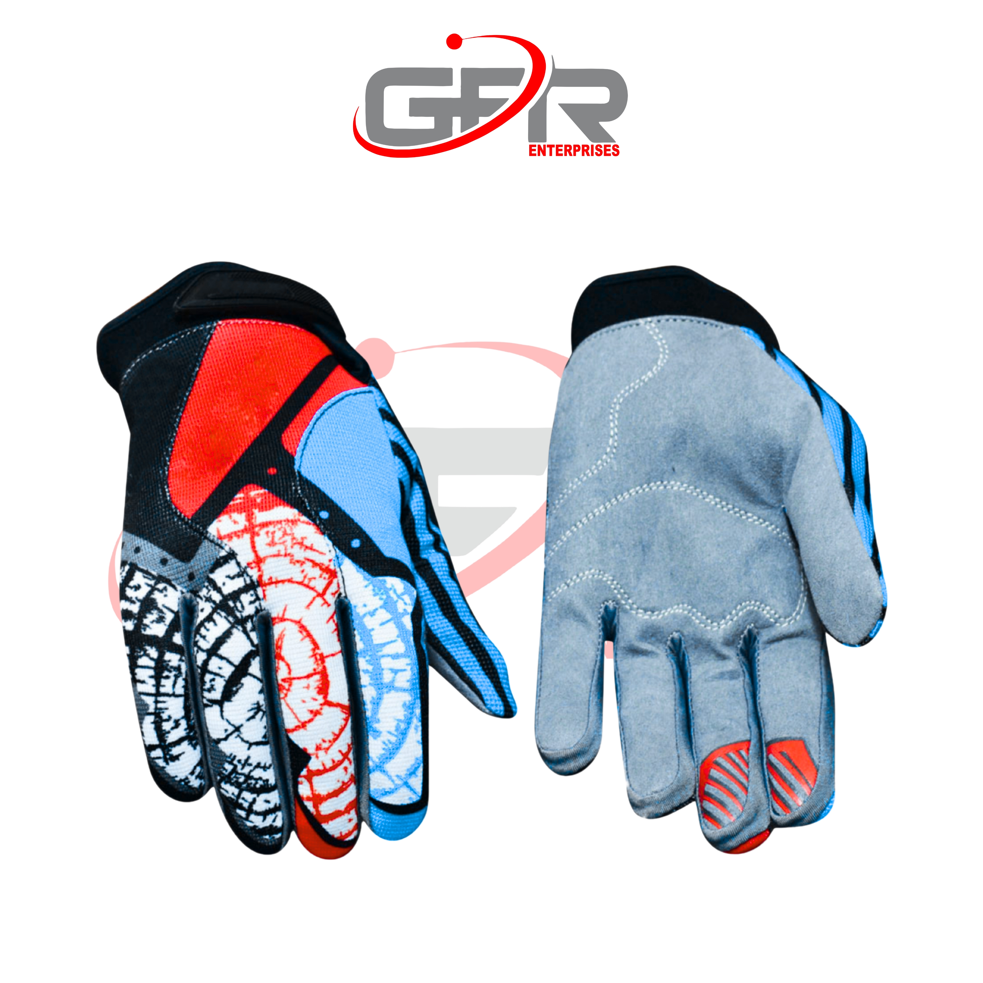 High-performance motocross gloves with adjustable hook-and-loop wrist closure.