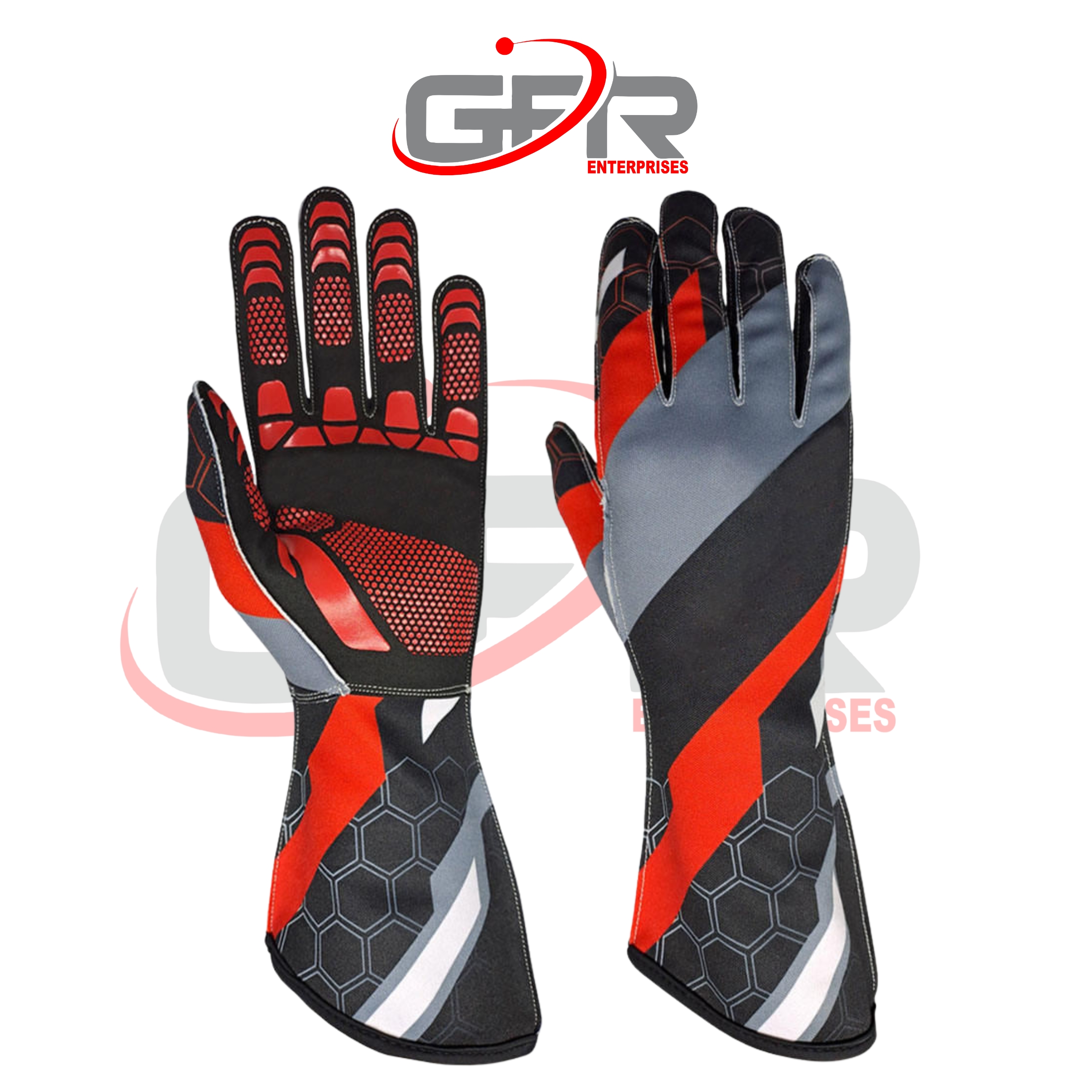 Sim racing gloves with custom branding and graphics.