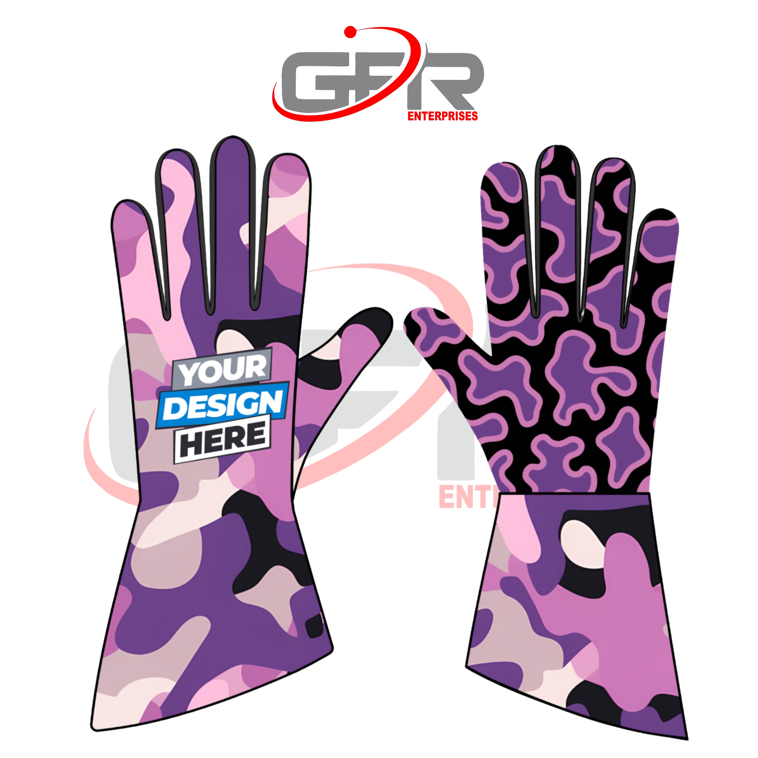 Custom esports racing gloves with printed graphics and branding.