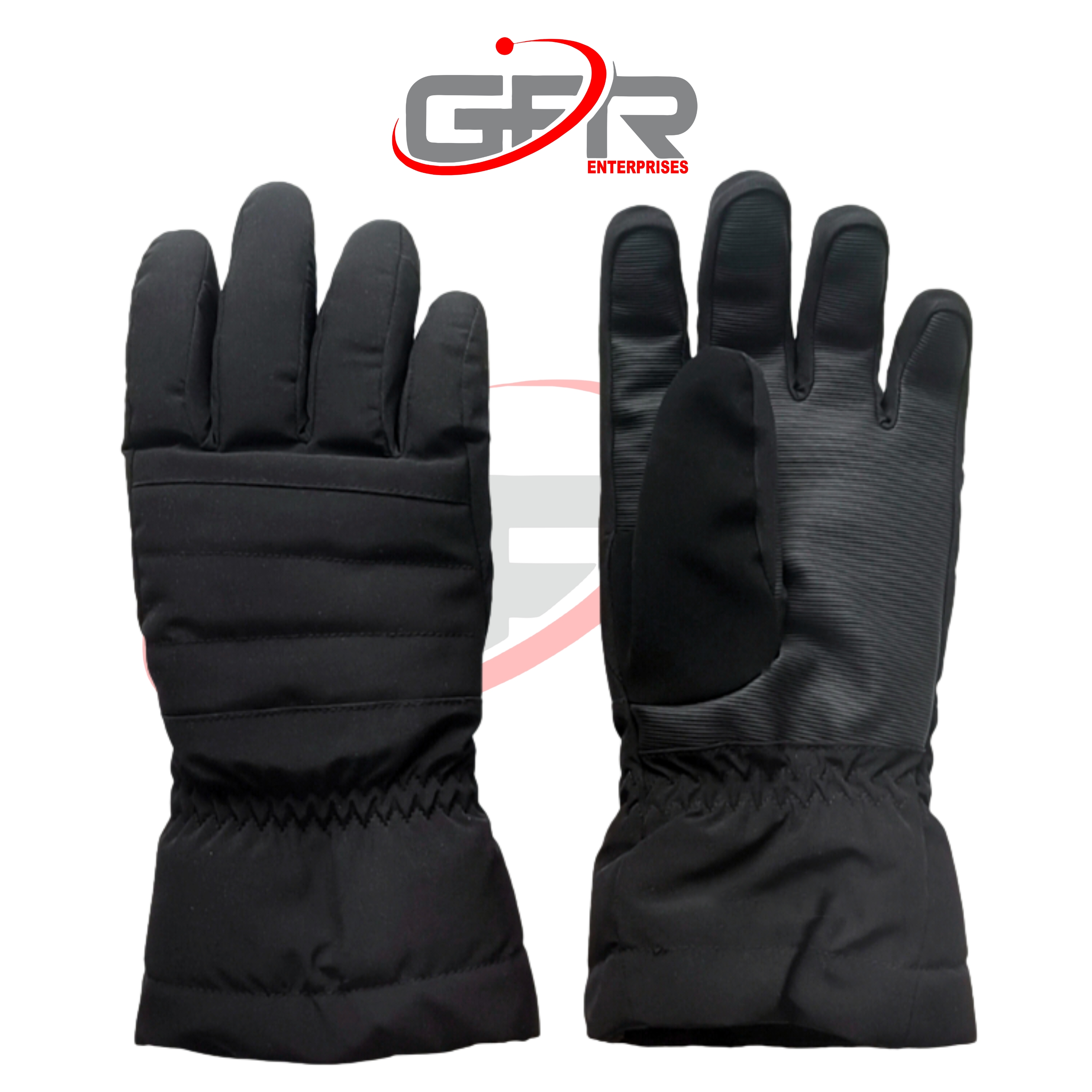 Ski gloves with adjustable gauntlet cuff for snow protection.